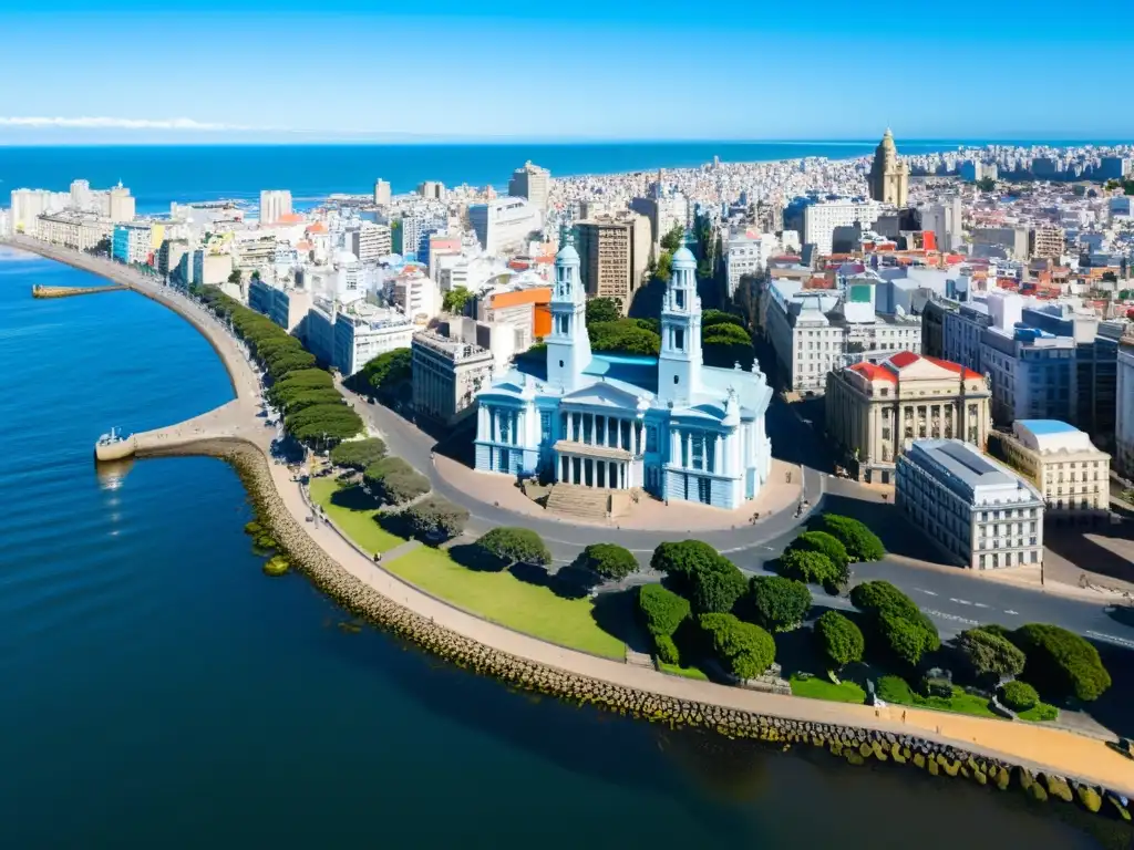 Vista aérea de Montevideo, mostrando la mezcla de arquitectura moderna y colonial, reflejo de la historia y cultura de Uruguay