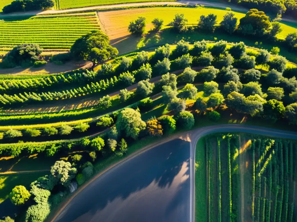 Vista aérea de misteriosas rutas escénicas en Uruguay, serpenteando entre viñedos y bodegas antiguas al atardecer