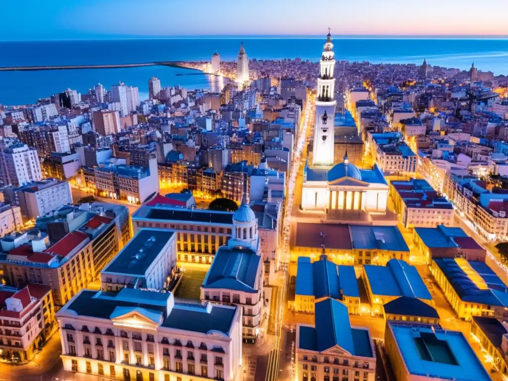 Vista aérea nocturna de Montevideo, Uruguay, iluminada con luces doradas, reflejando seguridad al viajar de noche en las ciudades de Uruguay