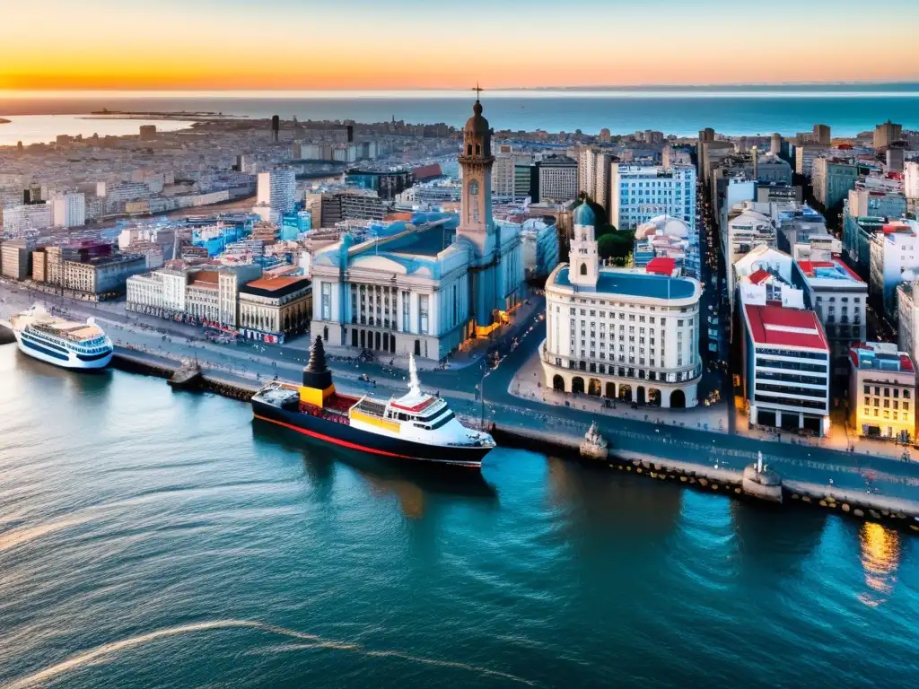 Vista aérea de Montevideo en el ocaso, vibrante con el impacto económico y social de la inmigración en Uruguay