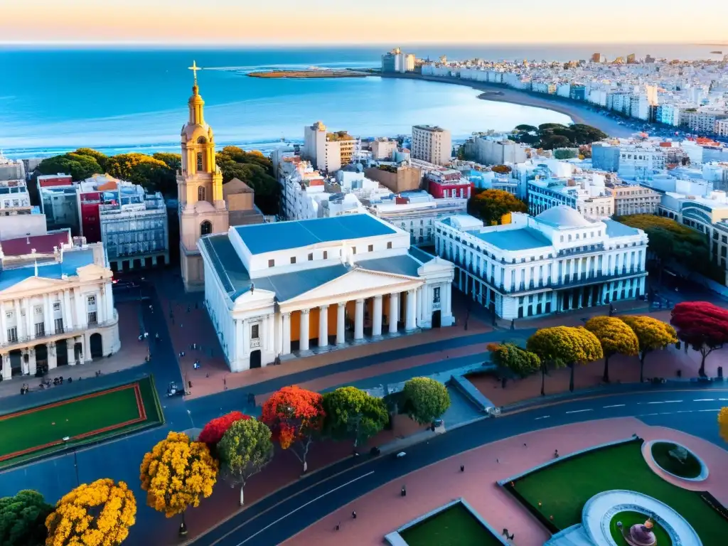 Vista aérea de Montevideo en otoño, con sus edificios icónicos y colores cálidos, la mejor temporada para visitar Uruguay