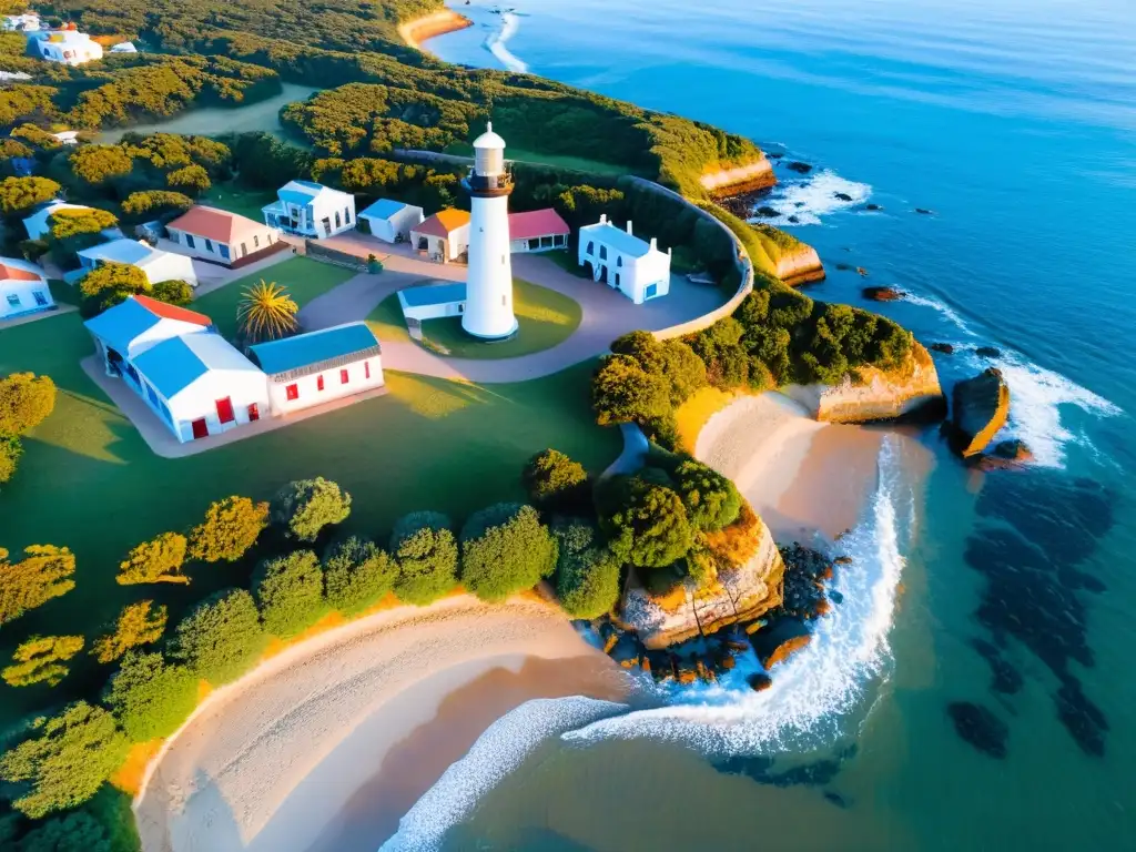 Vista aérea de La Paloma, joya costera de Uruguay, al atardecer con su faro imponente y playas doradas