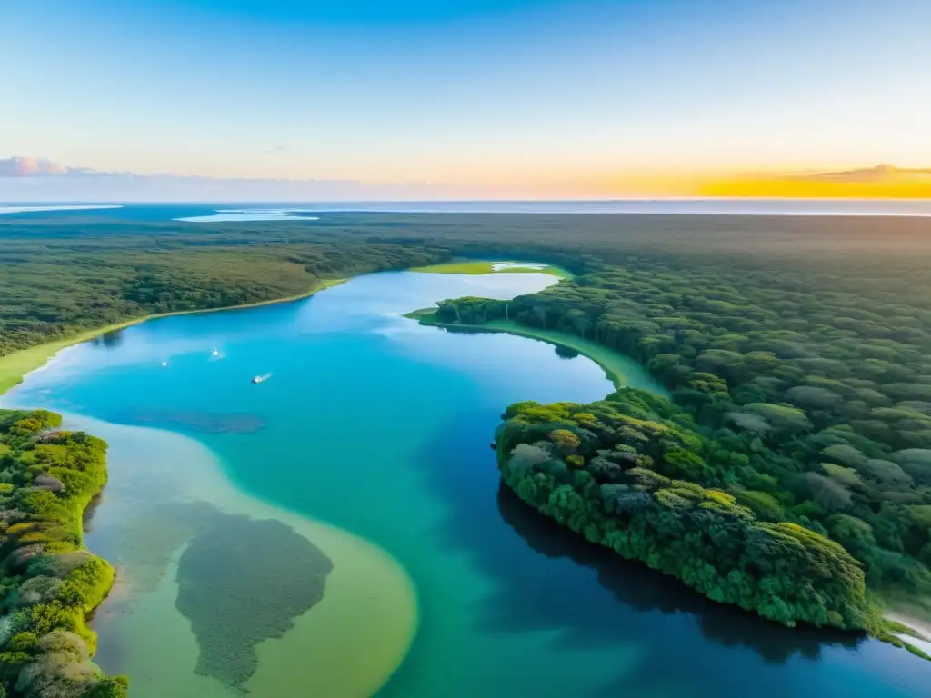 Vista aérea del Parque Nacional Santa Teresa Uruguay, con capibaras, playas prístinas y la majestuosa fortaleza bañada por el atardecer vibrante