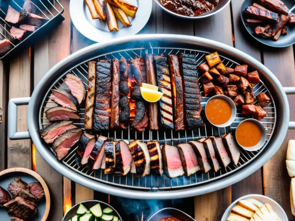 Vista aérea de una parrillada uruguaya tradicional al aire libre, con carnes jugosas sobre el carbón y vinos seleccionados