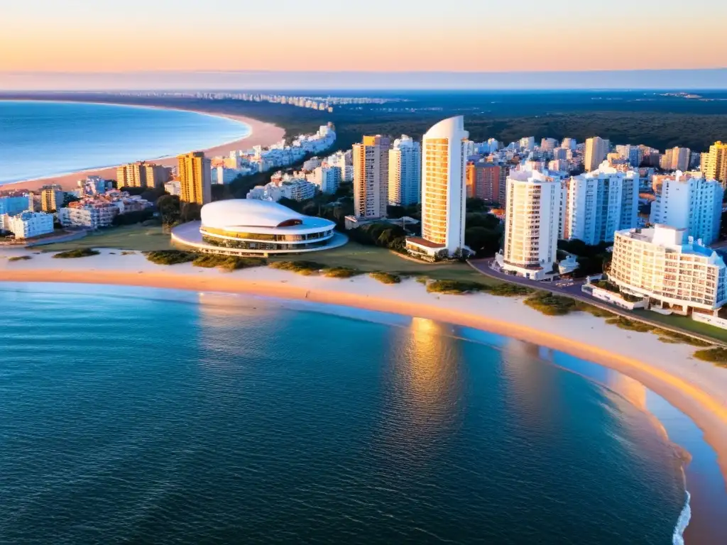 Vista aérea de Punta del Este, Uruguay al atardecer, reflejando la cultura y belleza de Uruguay en su arquitectura y naturaleza vibrante