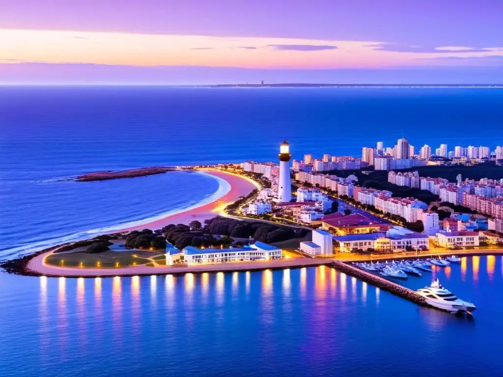 Vista aérea de Punta del Este, Uruguay, al atardecer, mostrando la mezcla de rincones bellos y cultura urbana