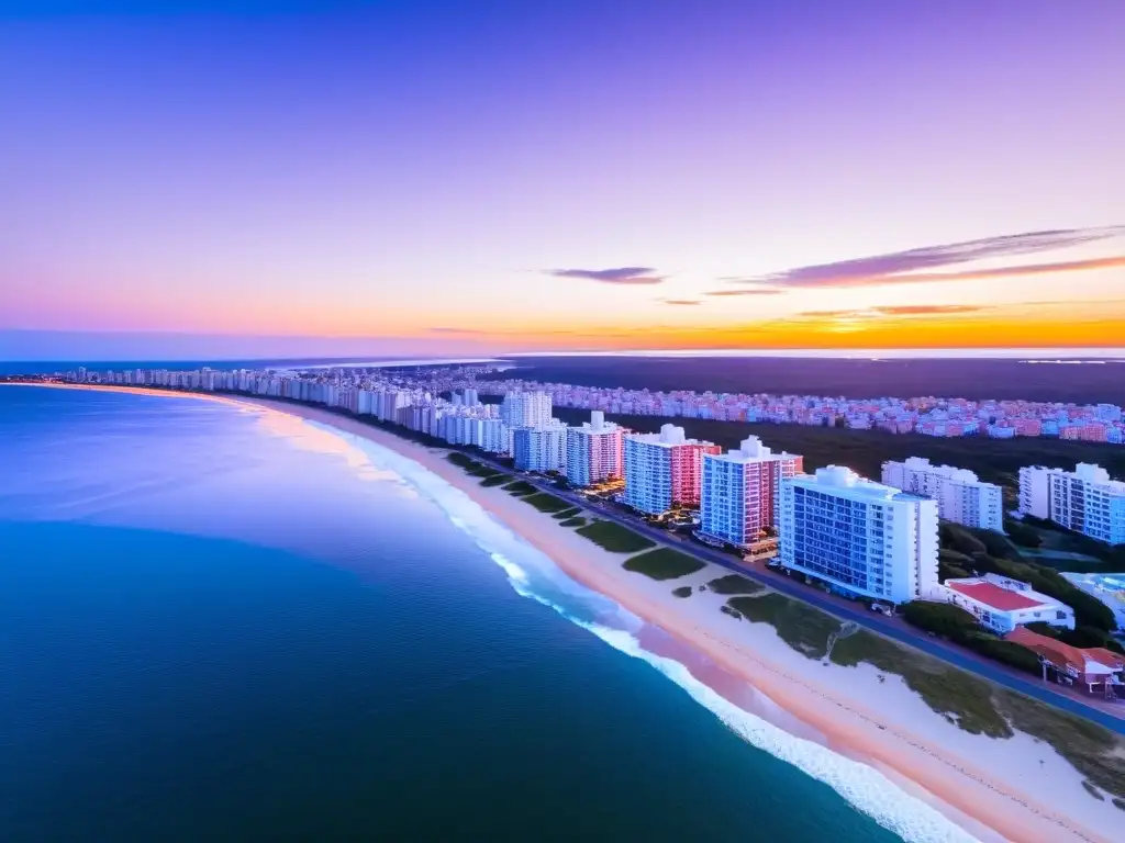 Vista aérea de Punta del Este, Uruguay, al atardecer, reflejando el mejor hospedaje turismo Uruguay entre altos hoteles y calles frondosas