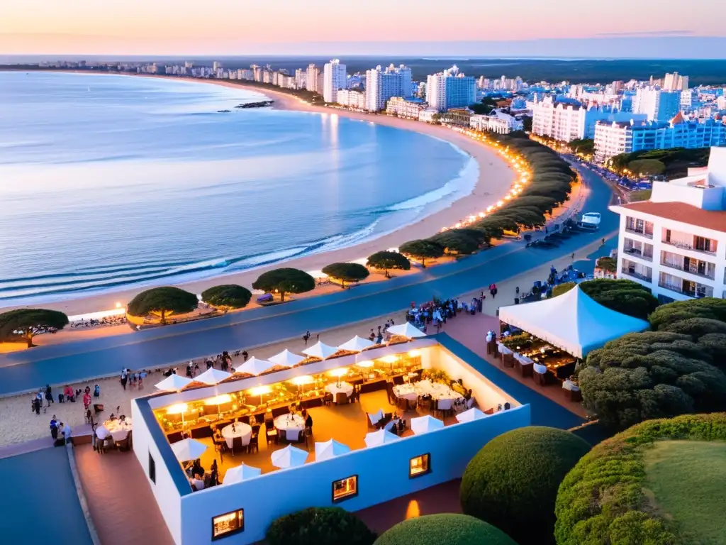 Vista aérea de Punta del Este al atardecer, disfrutando de la comida local accesible Uruguay en un restaurante al aire libre