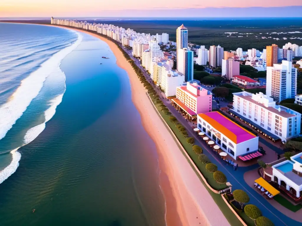 Vista aérea de Punta del Este al atardecer, con los mejores restaurantes de gastronomía de Uruguay en una calle bulliciosa, y la famosa escultura 'La Mano' al fondo