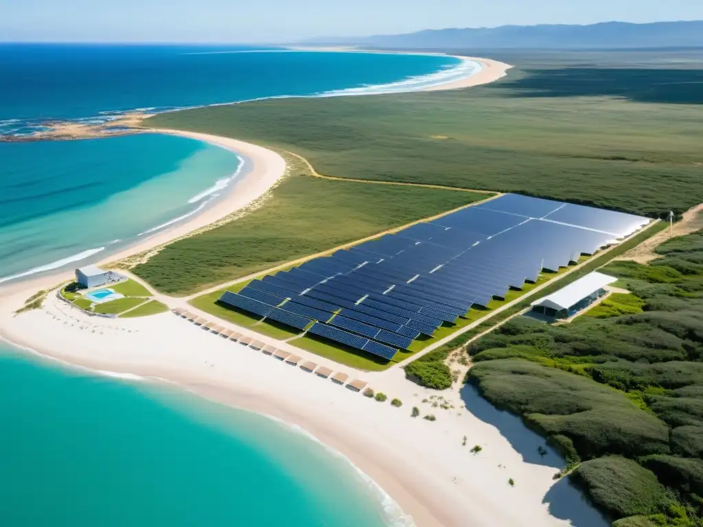 Vista aérea de una radiante playa uruguaya, donde se conjugan Iniciativas de sostenibilidad turismo Uruguay con energía solar y eólica