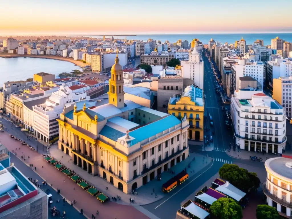 Vista aérea de Montevideo, resplandeciente al atardecer, donde el turismo contribuye a la igualdad de género en Uruguay