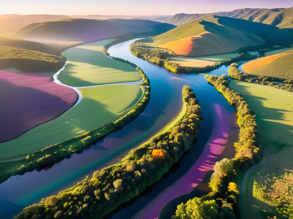 Vista aérea de un río brillante en Uruguay al atardecer, un solitario kayakista disfruta uno de los mejores lugares para practicar kayak