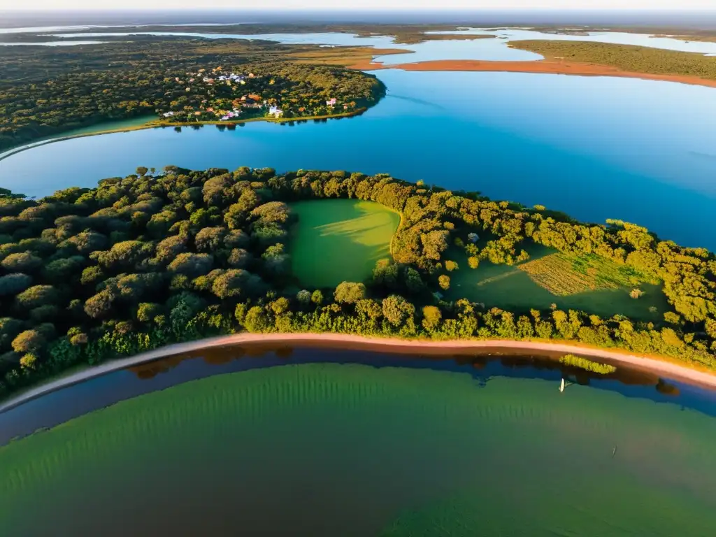 Vista aérea de Rocha, Uruguay al anochecer, resaltando su paraíso ecológico con humedales y una costa vibrante