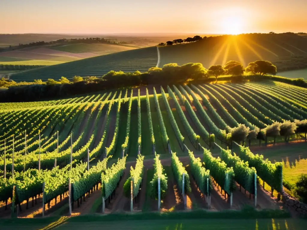 Vista aérea del sol dorado cayendo sobre viñedos uruguayos, iluminando una bodega tradicional en la Ruta de lujo vinos Uruguay