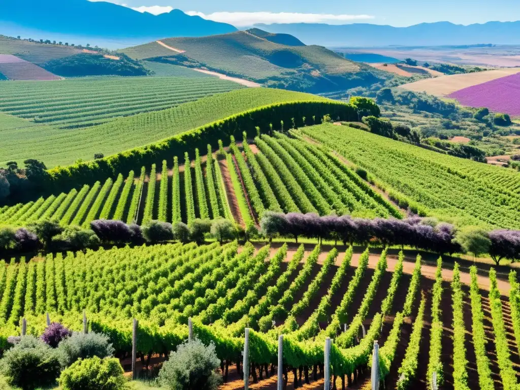 Vista aérea de la soleada y verde Ruta del vino en Uruguay, viñas cargadas de uvas moradas y una bodega al fondo