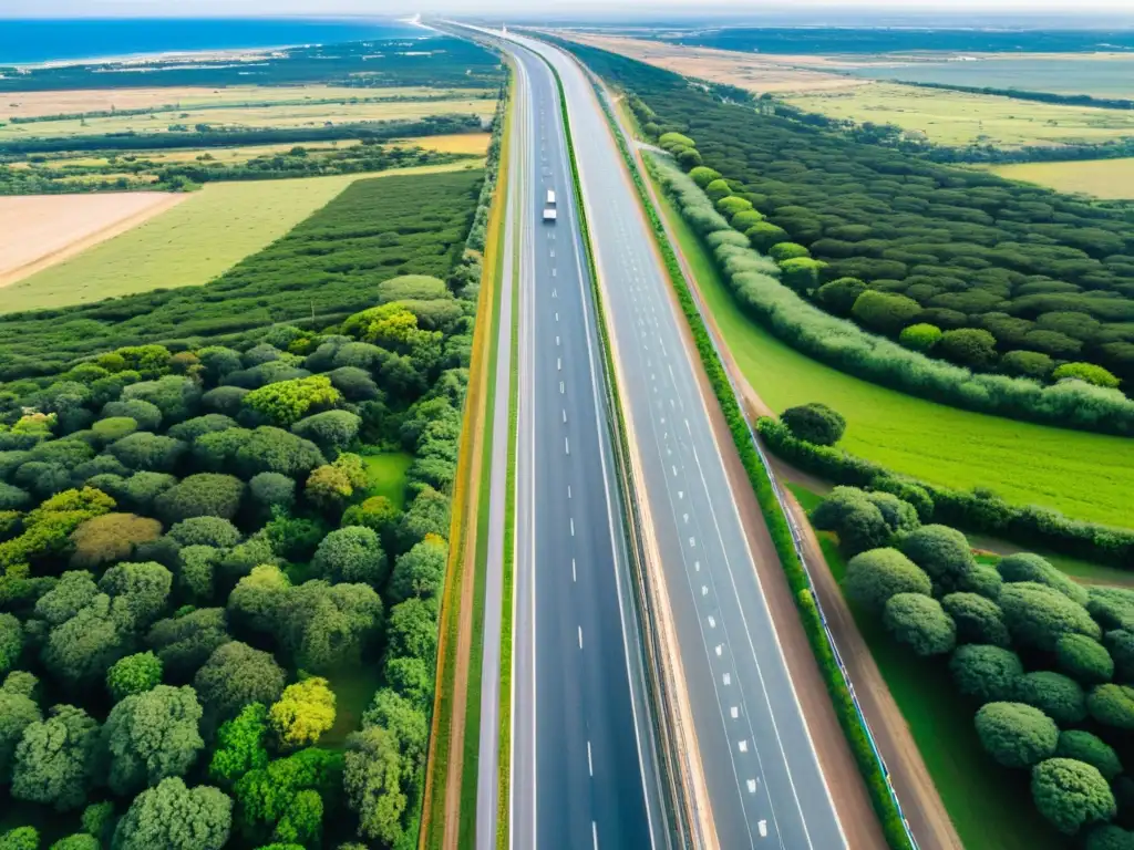 Vista aérea de un transitado carril en Uruguay, resaltando reglas de tráfico, señales claras y paisajes verdes vibrantes