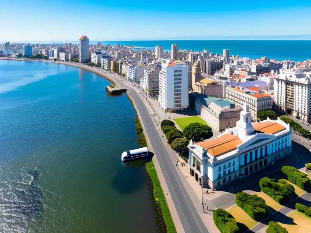 Vista aérea de Montevideo, Uruguay, resaltando el transporte accesible para personas con discapacidad