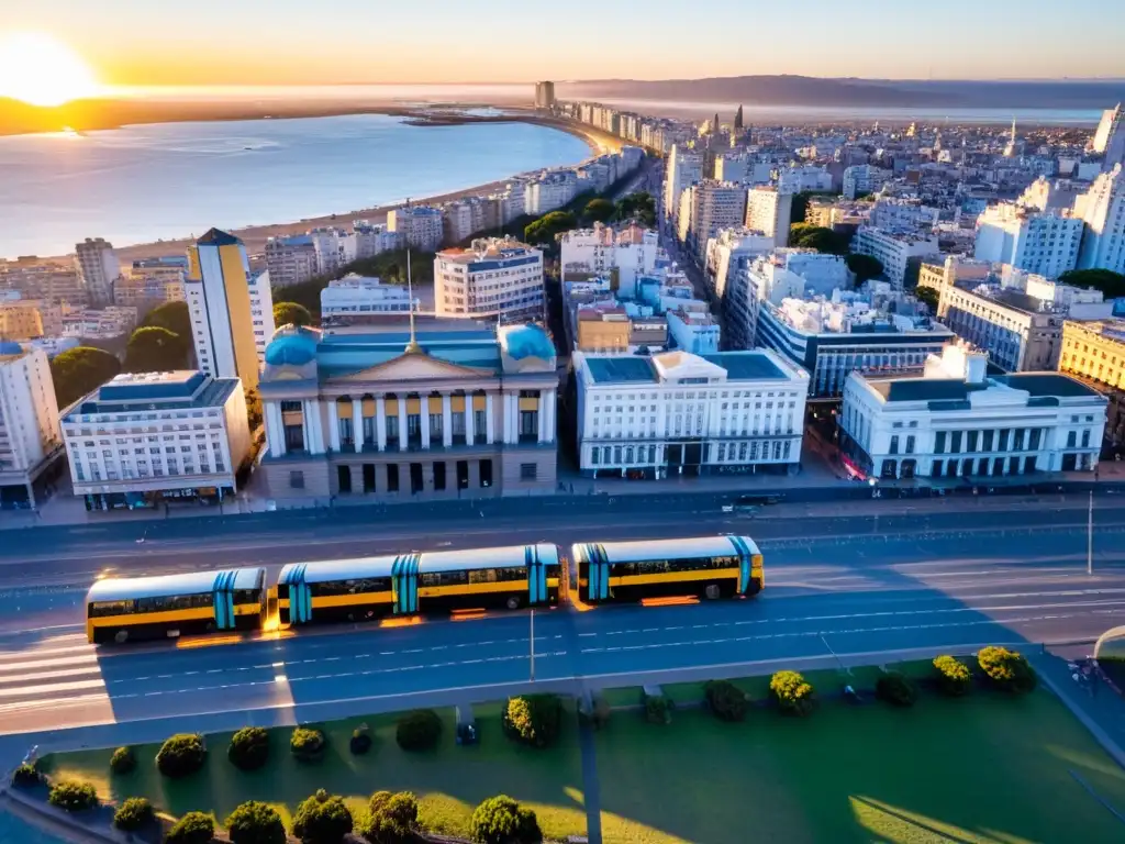 Vista aérea de Montevideo al amanecer, con el transporte público económico en Uruguay en foco, y un gráfico de costos superpuesto