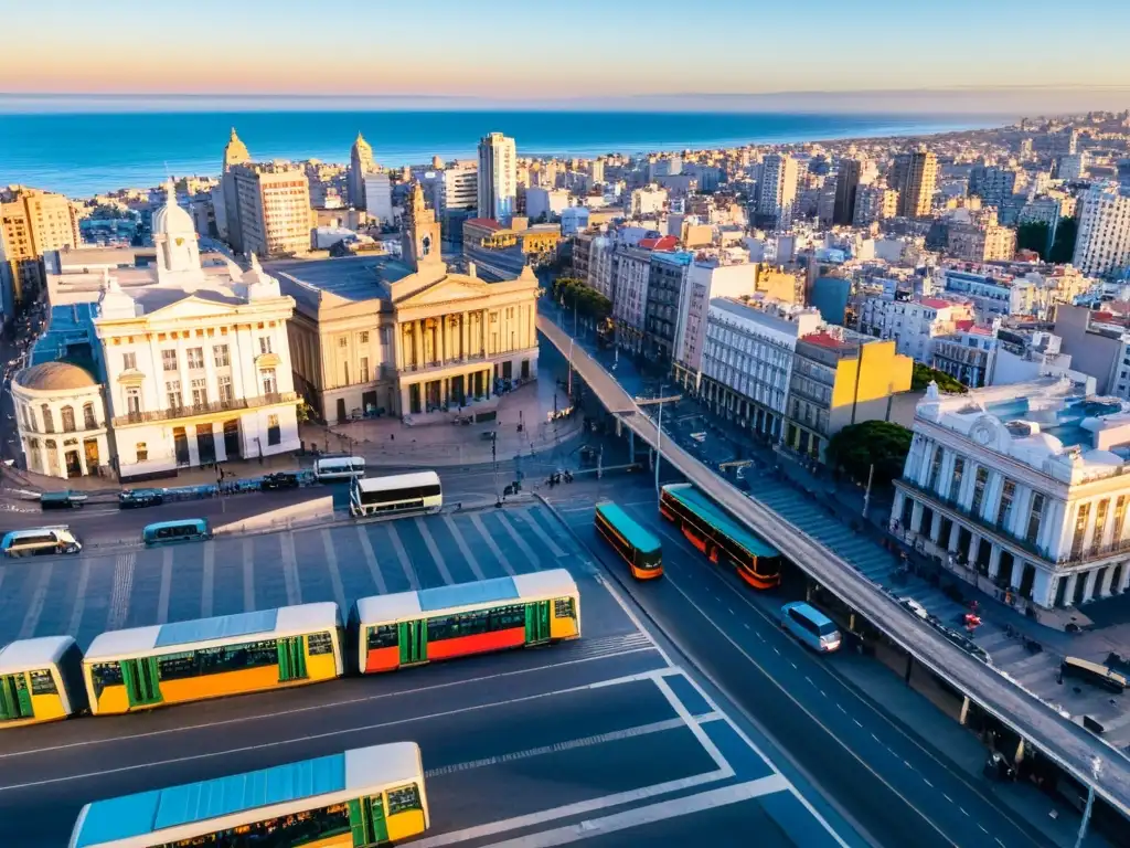 Vista aérea de Montevideo con el transporte público económico en Uruguay, lleno de color y vida en la luz suave del amanecer