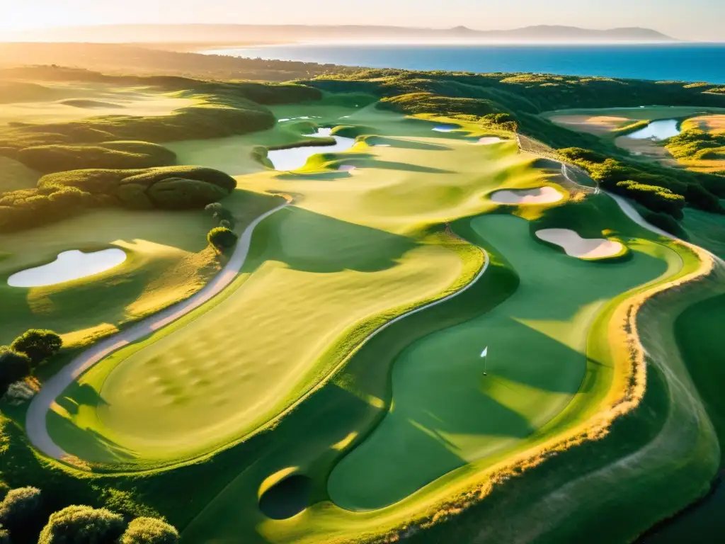 Vista aérea de un vasto campo de golf en Uruguay al atardecer, bañado por la luz dorada del sol