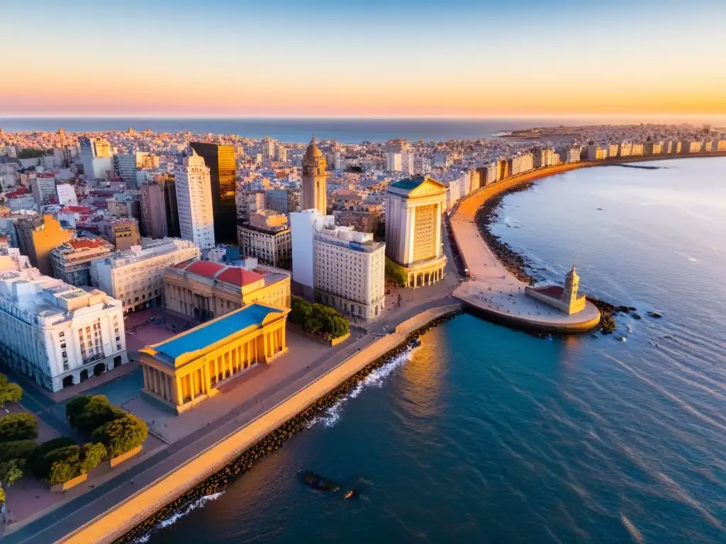 Vista aérea del vibrante Montevideo al atardecer, un destino fascinante de Uruguay para un presupuesto ajustado