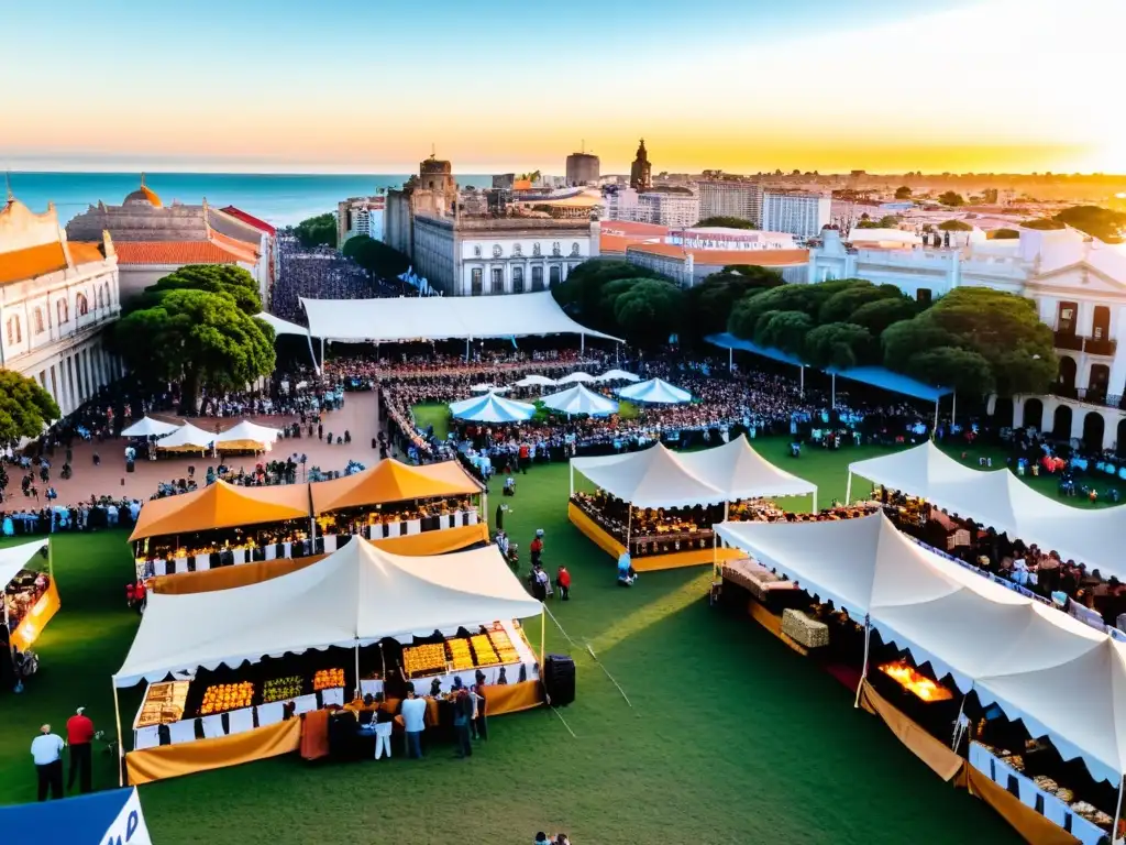 Vista aérea de un vibrante evento gastronómico popular en Uruguay, iluminado por el sol poniente y rebosante de cultura y sabor local