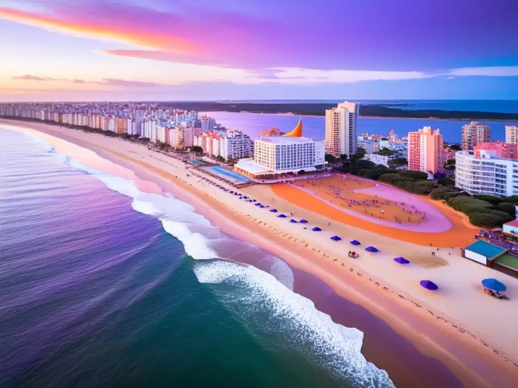 Vista aérea del vibrante Festival Internacional de la Canción de Punta Este al atardecer, con músicos en la playa y la icónica escultura de la mano