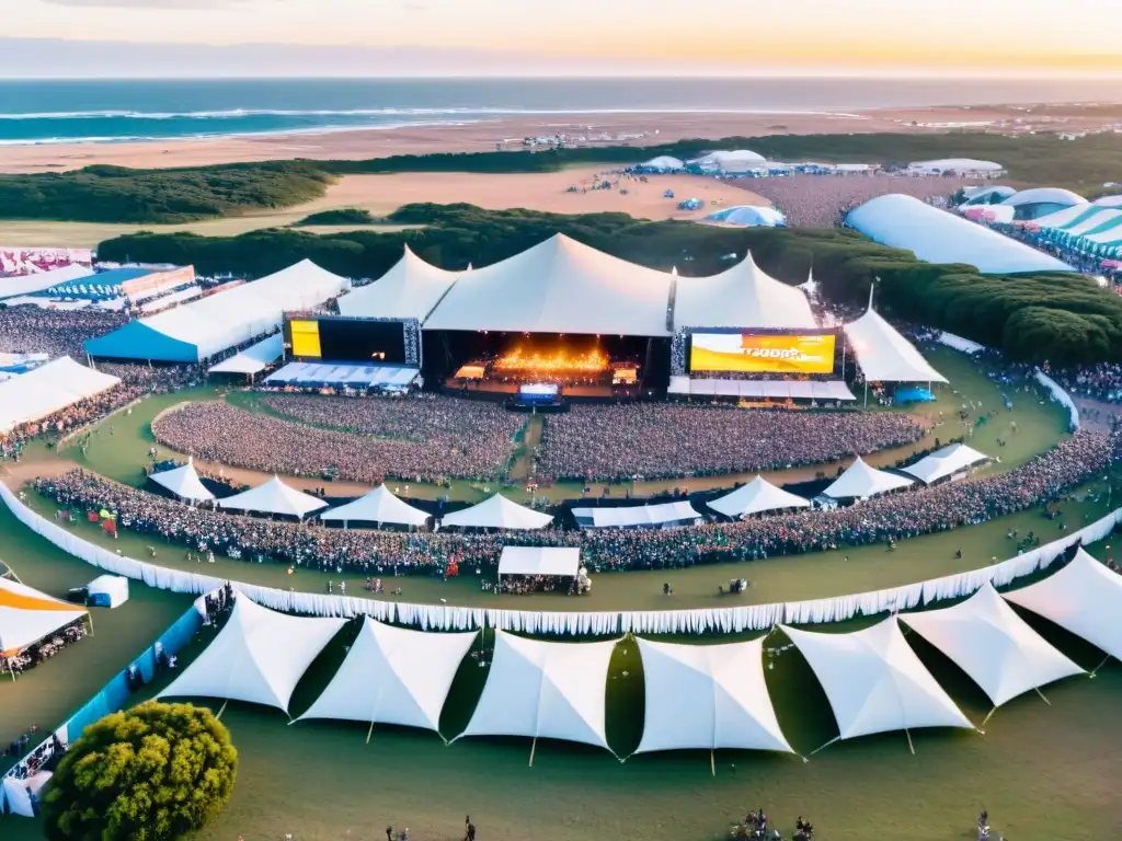 Vista aérea del vibrante festival de música en Uruguay 2023 al atardecer, con multitudes disfrutando de bandas enérgicas y la hermosa costa uruguaya