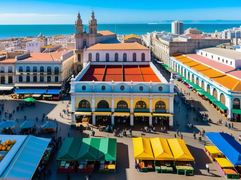 Vista aérea del vibrante Mercado del Puerto en Montevideo, donde descubre la cultura uruguaya detallada en cada rincón