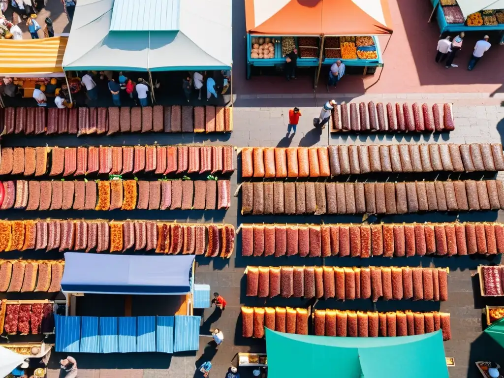 Vista aérea del vibrante Mercado del Puerto en Montevideo, Uruguay, uno de los mejores restaurantes de gastronomía uruguaya, lleno de colores, sabores y cultura viva