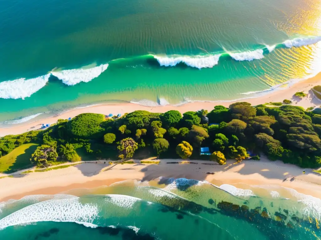 Vista aérea de una vibrante playa uruguaya al atardecer, bañada por el sol dorado y llena de apasionados por los deportes acuáticos en Uruguay