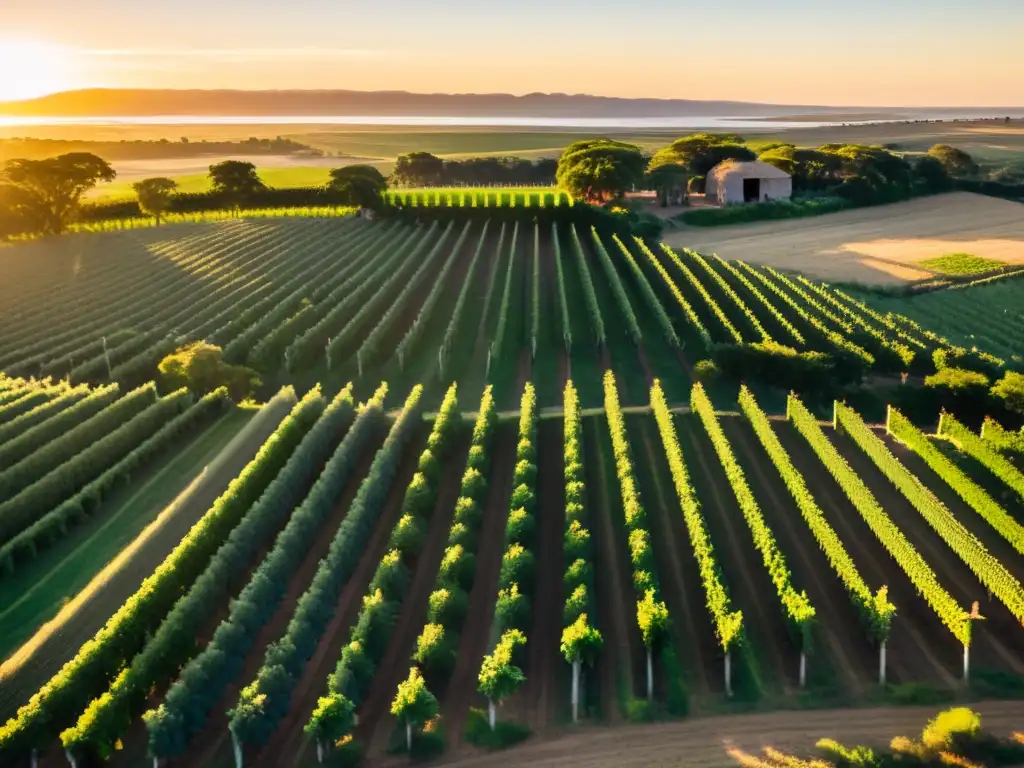 Vista aérea de viñedos uruguayos al atardecer, resaltando la cultura del vino en Uruguay, con recolectores y un barril rústico en primer plano