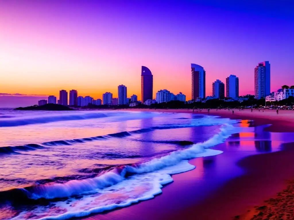 Vista del atardecer en los balnearios emblemáticos de Uruguay, Punta del Este, con su silueta contra un cielo vibrante