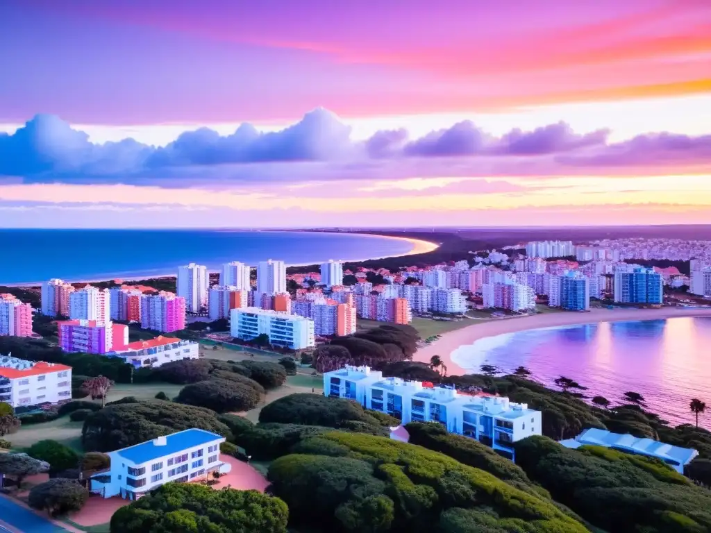 Vista del atardecer en Punta del Este, Uruguay, con consejos de alojamiento económico entre palmeras y el mar rosado