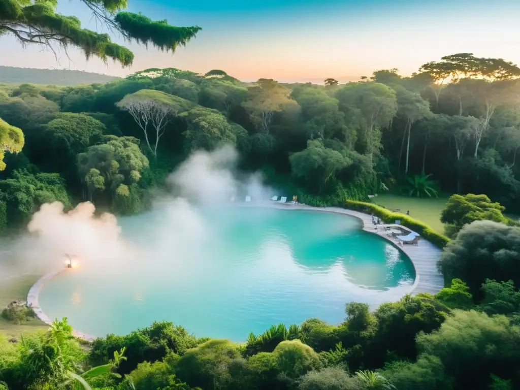 Vista cautivadora de las mejores termas en Uruguay, un lugar de alojamiento sublime rodeado de frondosa vegetación al atardecer