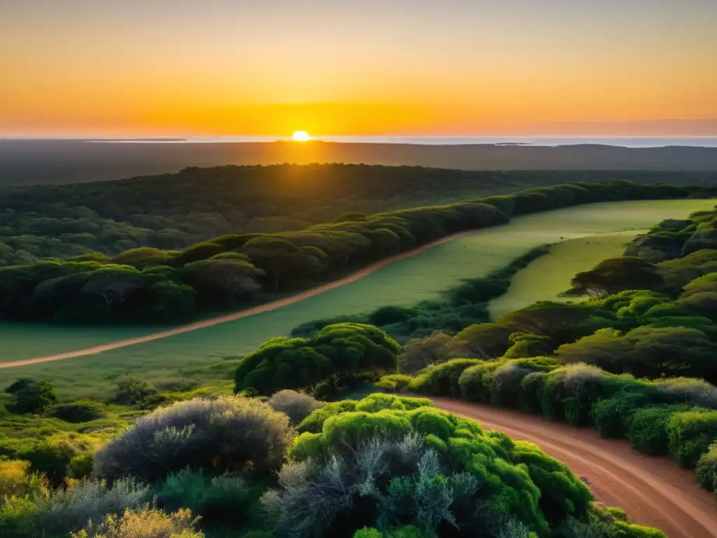 Vista cautivadora del Parque Nacional Santa Teresa Uruguay, con su biodiversidad y un atardecer dorado que embellece el sendero y el faro