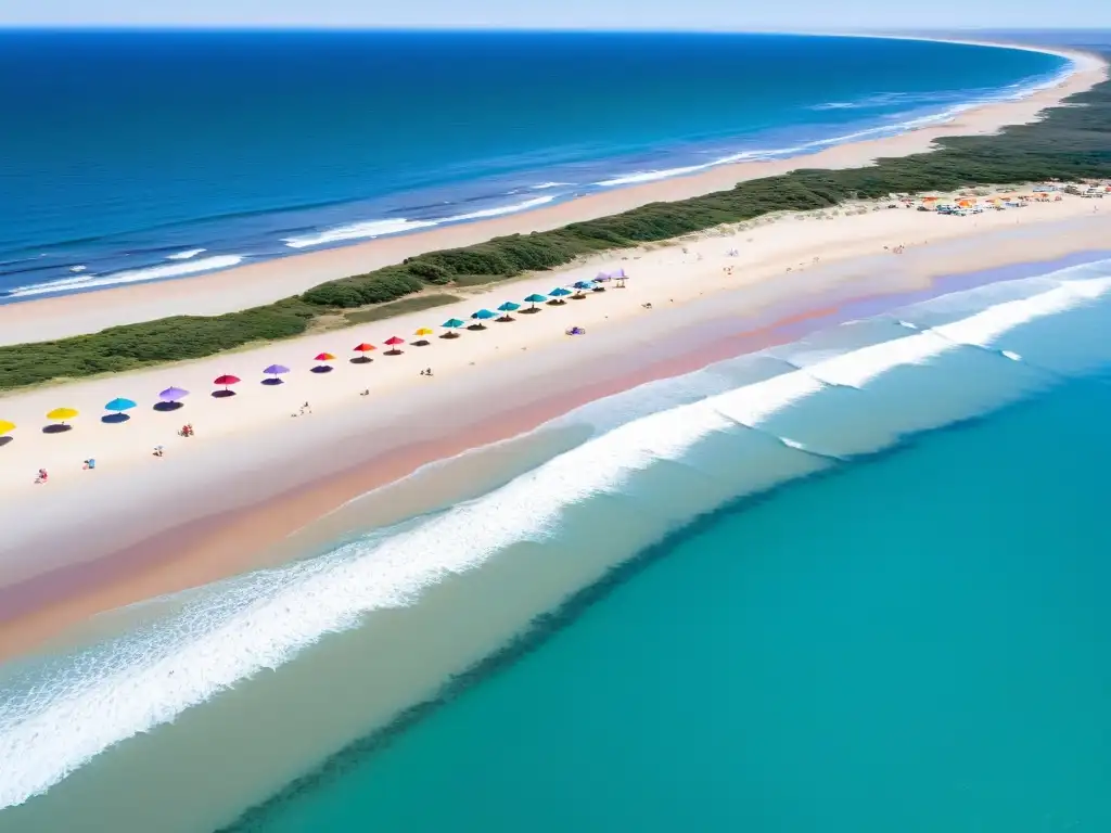 Vista cautivadora de las Playas de Oro en Uruguay al atardecer, con cielo multicolor, aguas turquesas, sombrillas coloridas y palmeras al fondo