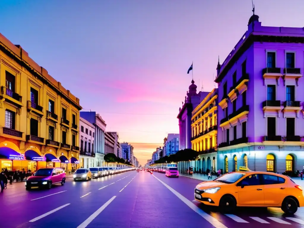 Vista conmovedora de Montevideo al atardecer, con gente utilizando aplicaciones de transporte en Uruguay, bajo un cielo estrellado