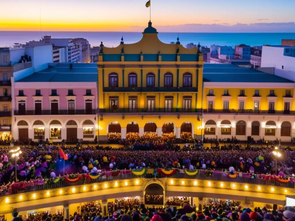 Vista crepuscular del Carnaval de Montevideo, música y danza llenan las calles de color y alegría, bajo la arquitectura icónica de la ciudad