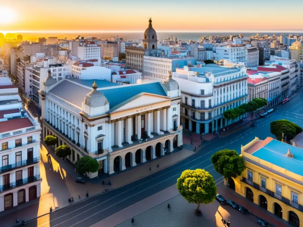 Vista dorada de Montevideo, con el teatro Solís y la Plaza Independencia, atracciones culturales de Uruguay bajo costo, llenas de vida y cultura