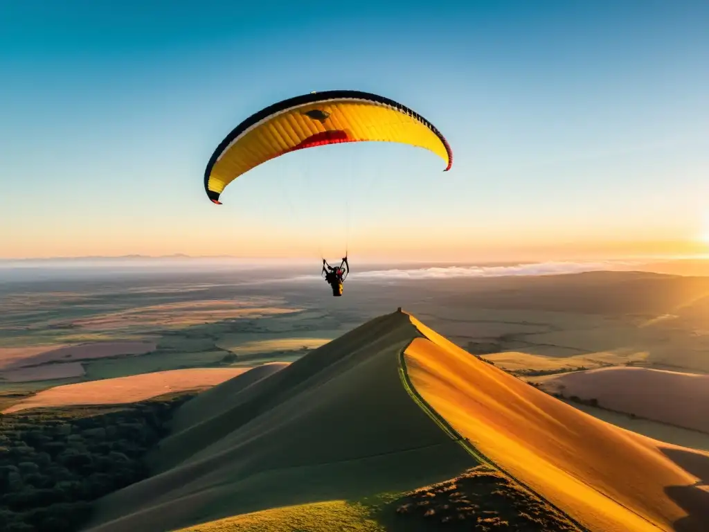 Vista emocionante de un parapente en las sierras de Uruguay, desafiando la gravedad al caer el sol dorado