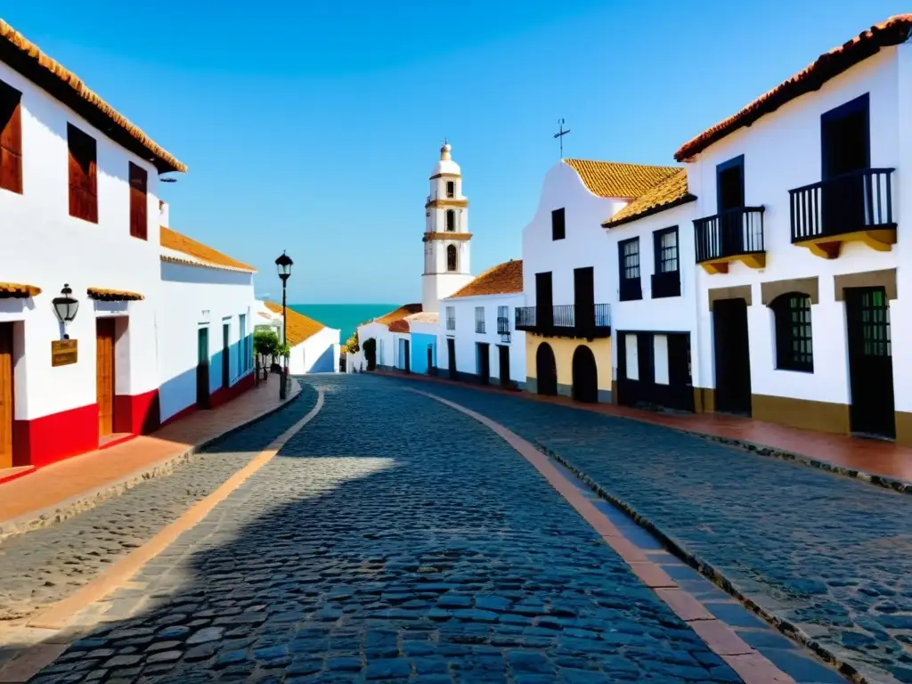 Vista encantadora de la Colonia del Sacramento ciudad antigua, con su faro iluminando calles adoquinadas y tejados de barro bajo un cielo crepuscular