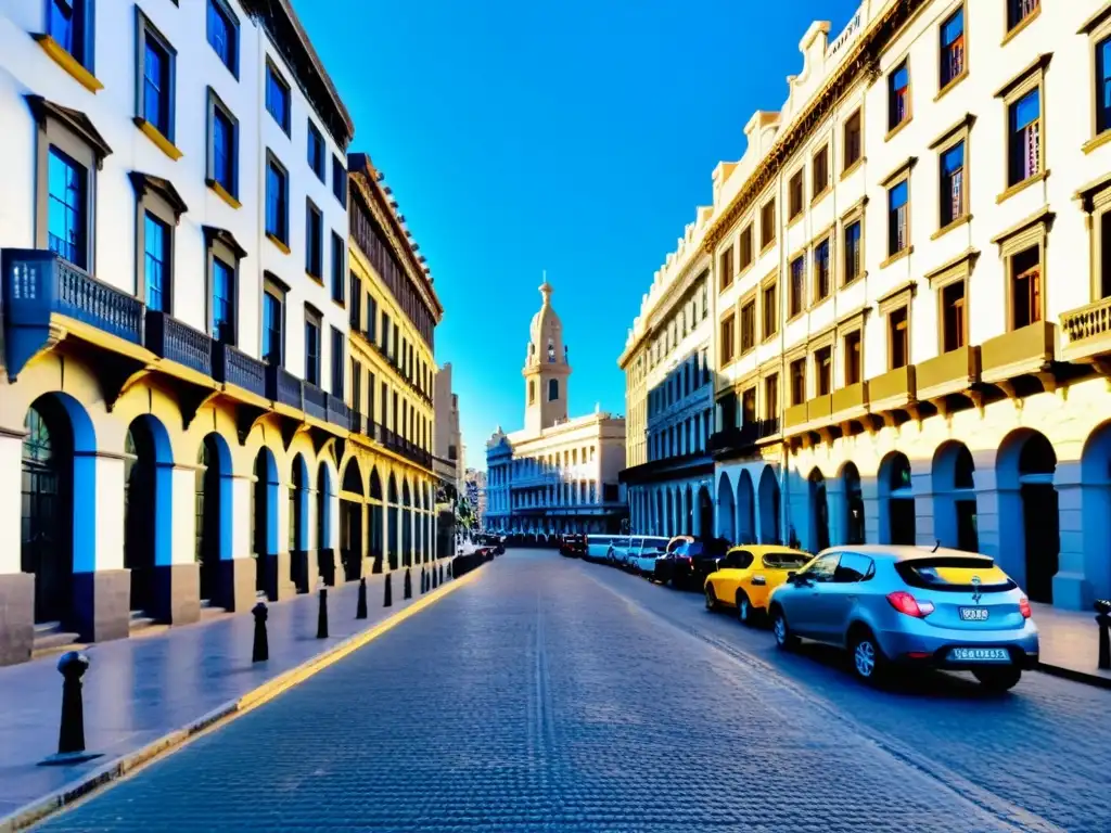 Vista espectacular del antiguo Montevideo, Uruguay, bañado por un atardecer dorado que ilumina su historia y cultura, marcadas por la Guerra Grande