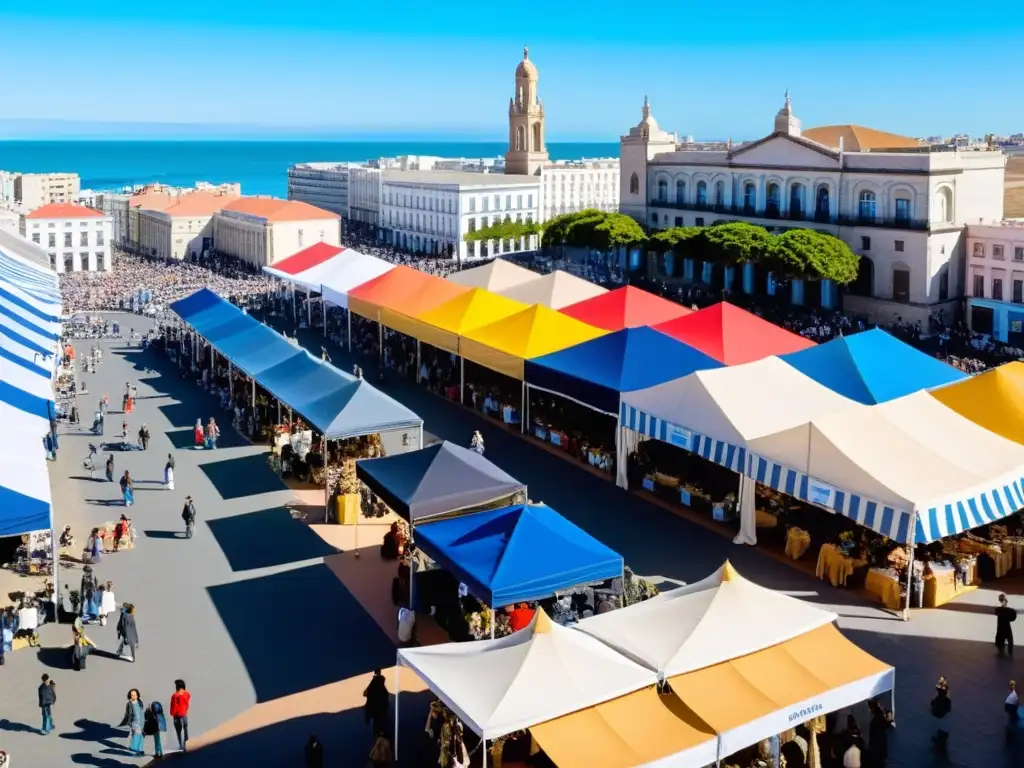 Vista expansiva de una animada feria de moda en Uruguay, resaltando la rica diversidad y creatividad de sus diseños únicos bajo un cielo azul radiante