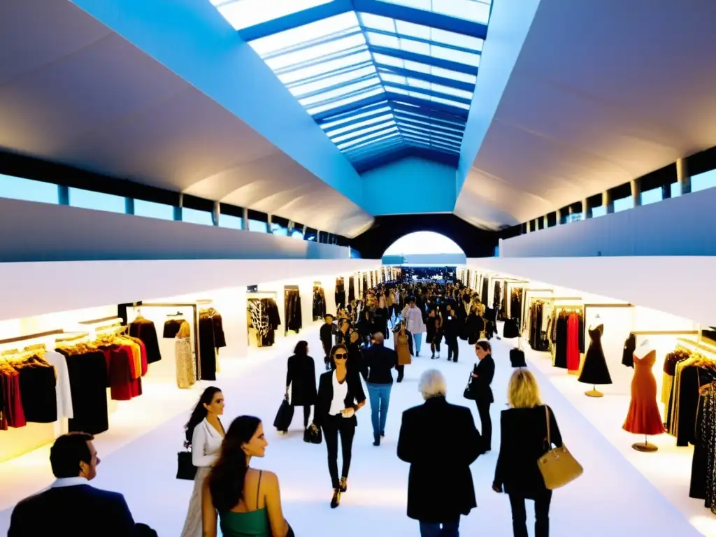 Vista expansiva de ferias de moda en Uruguay, rebosantes de estilos variados, bajo un cielo azul radiante