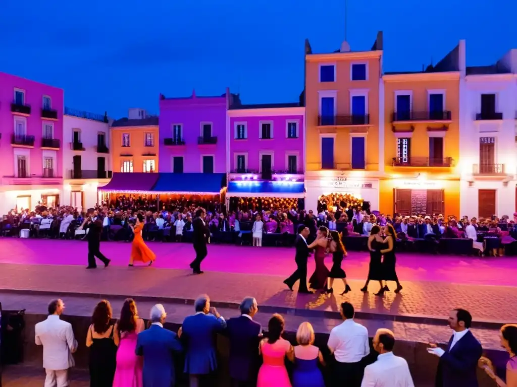 Vista expansiva del Festival de Tango Montevideo Uruguay al anochecer, parejas danzando apasionadas bajo un cielo teñido de magenta y naranja