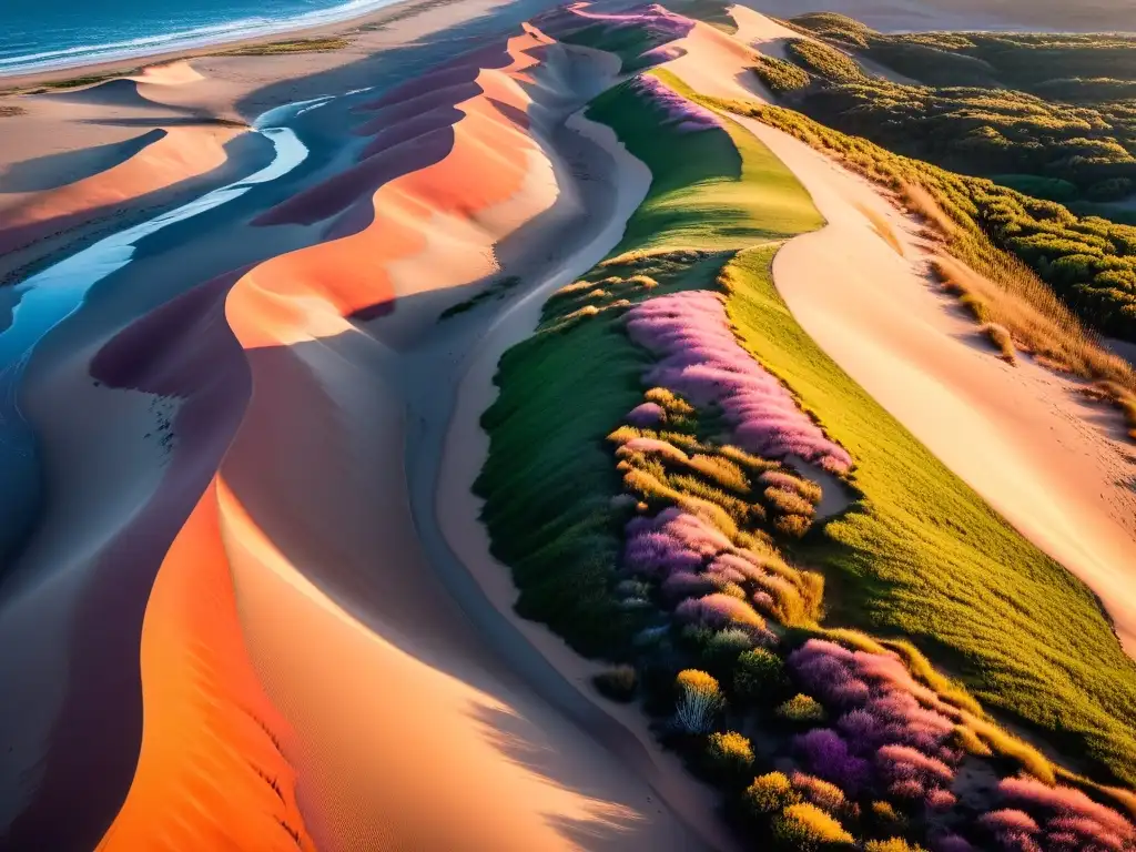 Vista expansiva del maravilloso ecosistema de dunas en la costa uruguaya, pintado por un atardecer deslumbrante