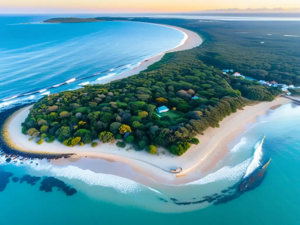 Vista expansiva de las playas e islas de Uruguay al atardecer, bañadas por el sol dorado y el océano Atlántico turquesa