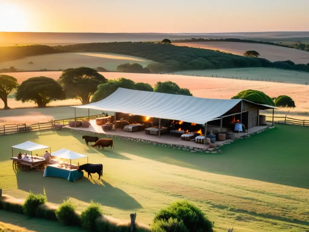 Vista expansiva de la gastronomía rural de Uruguay: asado en parrilla, empanadas y vino Tannat bajo un sol poniente