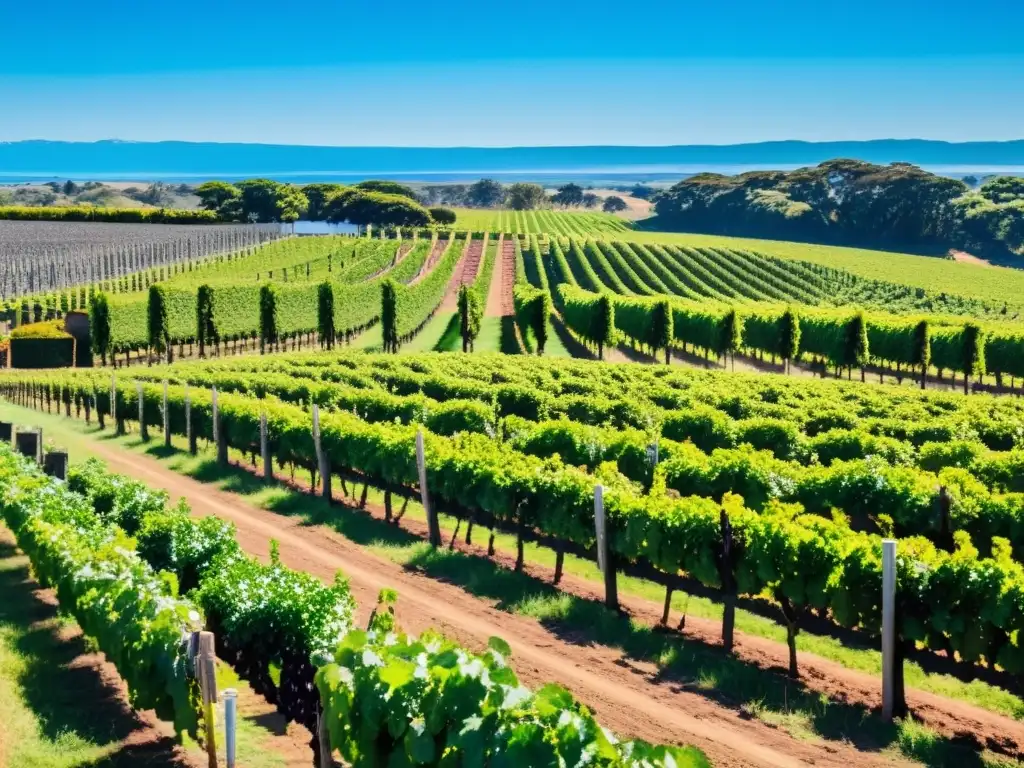 Vista expansiva de viñedos uruguayos vibrantes bajo un cielo azul brillante, parte de las Rutas del vino en Uruguay